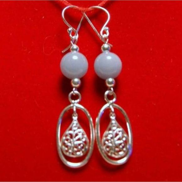 Handmade Light Blue Angelite & Filigre Tear Drop Sterling Silver Dangle Earrings - Picture 4 of 5